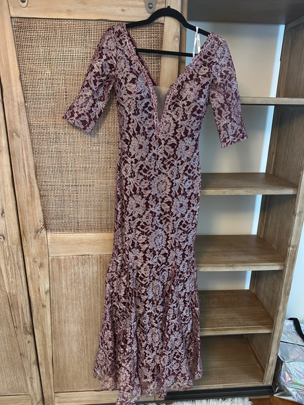 Jovani Mauve and Rose Lace Plunge V-Neck Maxi Dress